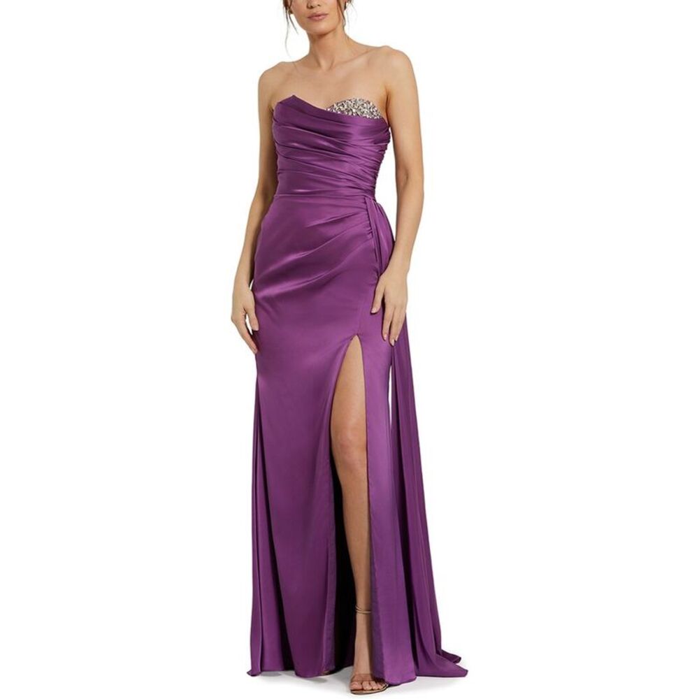 Mac Duggal Womens  Strapless Charmeuse Beaded Sweetheart Column Gown, Purple